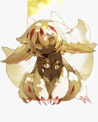 Rule 34 | 1girl, animal ears, claws, collarbone, dark-skinned female, dark skin, double-parted bangs, faputa, full body, hair between eyes, highres, looking at viewer, made in abyss, monster girl, multiple tails, no mouth, short hair, solo, tail, tie fei wu mang dashuai, white background, white hair, yellow eyes
