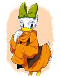 1girl alternate_costume bird bow daisy_duck disney duck duck_girl duck_tail full_body furry hair_bow kiri_futoshi long_eyelashes looking_at_viewer mickey_mouse_&amp;_friends personification pointed_footwear shirt smile solo