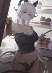 1girl bare_shoulders black_camisole black_horns black_panties black_tail breasts camisole can cleavage closed_mouth collarbone commentary cowboy_shot curled_horns demon_tail drink_can earrings grey_hair hair_between_eyes highres holding holding_can horns indoors jewelry key_earrings large_breasts long_hair looking_at_viewer mdiriff midriff mole mole_on_breast navel no_pants panties red_eyes refrigerator serie_niai solo strap_slip tail underwear wuthering_waves zani_(wuthering_waves)