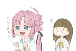 ._. 2girls :d :o ahoge anyoji_hime black_ribbon blue_dress blue_eyes blush brown_hair clenched_hands commentary_request dress hair_intakes hair_ribbon hasu_no_sora_school_uniform highres hood hooded_jacket jacket kachimachi_kosuzu kai_(kkaaii0427) link!_like!_love_live! long_hair love_live! multi-tied_hair multiple_girls neckerchief open_clothes open_jacket open_mouth pink_hair ponytail puffy_short_sleeves puffy_sleeves ribbon sailor_collar sailor_dress school_uniform short_sleeves side_ahoge sidelocks simple_background smile summer_uniform translation_request virtual_youtuber white_background white_jacket white_sailor_collar yellow_neckerchief