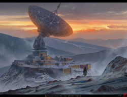 Rule 34 | 1girl, cloud, cloudy sky, remembrance of earth&#039;s past, enzhe zhao, from behind, highres, letterboxed, mountain, outdoors, radio telescope, rock, sky, snow, solo, stairs, twilight, very wide shot, watermark, web address, ye wenjie