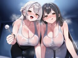 Rule 34 | 2girls, :p, absurdres, black hair, black leggings, black nails, blush, breasts, brown hair, ceiling, cleavage, collarbone, grey hair, hair between eyes, highres, indoors, j young, large breasts, leggings, long hair, mimikaki, multiple girls, nipples, no bra, open mouth, original, see-through clothes, simple background, smile, steam, sweat, tank top, teeth, tongue, tongue out, upper teeth only, wet, wet clothes, white leggings, white tank top
