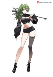 1girl alternate_costume artist_name black_shoes black_shorts black_shrug black_tube_top breasts cleavage commentary contrapposto english_commentary green_hair half-closed_eyes holding holding_polearm holding_weapon large_breasts legs long_sleeves navel over_shoulder parted_lips patreon_logo patreon_username polearm puffy_sleeves purple_eyes shoes shorts shrug_(clothing) side_ponytail simple_background solo sousou_no_frieren staff standing strapless sydus thighs tube_top ubel_(sousou_no_frieren) watermark weapon weapon_over_shoulder web_address white_background