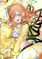 1girl :d absurdres alt_text breasts brown_hair bug butterfly butterfly_wings cleavage commentary_request crop_top cropped_jacket hat highres insect insect_wings jacket jin_(oihlf) kunikida_hanamaru long_hair long_sleeves looking_at_viewer love_live! love_live!_sunshine!! medium_breasts mitaiken_horizon official_alternate_costume open_clothes open_jacket open_mouth skirt smile solo stomach wings yellow_butterfly yellow_eyes yellow_hat yellow_jacket yellow_skirt