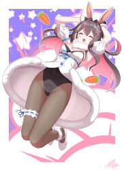 1girl animal_ears anklet azki_(hololive) black_hair blush breasts breasts_apart carrot closed_eyes coat_dress colored_inner_hair cosplay dress fur_scarf gloves hair_ornament highres hololive jewelry medium_breasts mille multicolored_hair open_mouth pantyhose pink_hair solo star_(symbol) usada_pekora usada_pekora_(1st_costume) usada_pekora_(cosplay) virtual_youtuber