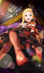1girl bare_shoulders blonde_hair breasts bridal_gauntlets crossed_legs dress earrings fan high_heels highres jewelry large_breasts long_hair looking_at_viewer necklace official_art open_mouth priscilla_barielle re:zero_kara_hajimeru_isekai_seikatsu red_dress red_eyes sitting smile solo