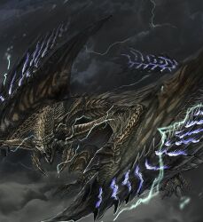 absurdres claws dragon electricity gold_scales highres monster monster_focus monster_hunter_(series) monster_hunter_wilds no_humans nutuki open_mouth rey_dau scales sharp_teeth spiked_wings teeth wyvern