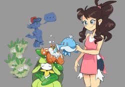... 1boy 1girl absurdres apron baseball_cap blue_eyes blush_stickers closed_eyes creatures_(company) denim denim_shorts drawfag flower game_freak gen_5_pokemon grey_background hat highres hilbert_(pokemon) hilda_(pokemon) jellicent lilligant nintendo petilil pokemon pokemon_(creature) pokemon_bw ponytail shorts smile standing too_many water watering_can