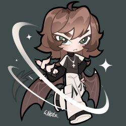 1boy ahoge baggy_pants black_gloves black_shirt black_shoes bright_pupils brown_hair brown_tail brown_wings chibi claws closed_mouth colored_eyelashes commentary commission demon_boy demon_tail demon_wings english_commentary fingerless_gloves freckles frown gloves green_eyes grey_background grey_shirt hair_between_eyes hand_on_own_hip highres layered_shirt layered_sleeves light_blush long_hair long_sleeves low_wings male_focus necktie original outstretched_hand pants pocket see-through_tail shirt shoes short_over_long_sleeves short_sleeves signature simple_background sneakers solo sparkle swept_bangs t-shirt tail tsurime turtleneck turtleneck_shirt two-tone_sleeves walking white_pants white_pupils white_sleeves wikate wings