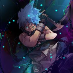 1boy 2023 black_gloves black_star blue_eyes blue_hair commentary english_commentary fingerless_gloves gloves high_collar highres holding holding_weapon looking_at_viewer lv5plant male_focus short_hair signature sleeveless solo soul_eater weapon
