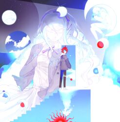 Rule 34 | 1girl, 2boys, ahoge, aotsuki eito, black gloves, black hairband, black jacket, black pants, black ribbon, black streaks, blue eyes, bow hairband, braid, closed eyes, collared shirt, crescent moon, crying, curled up, gibbous moon, glasses, gloves, grey hair, grey jacket, hairband, half moon, hand on own chest, highres, hood, hoodie, jacket, kirifuji nozomi, long hair, long sleeves, moon, moon phases, multicolored hair, multiple boys, neck ribbon, one eye covered, pants, planet, red hair, ribbon, satellite, shirt, short hair, single braid, skirt, spirallllll, star (sky), streaked hair, sumino takumi, sun, the hundred line -last defense academy-, thigh strap, white hoodie, white jacket, white pants, white shirt, white skirt