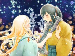 1boy 2girls :d adjusting_another&#039;s_clothes alternate_costume azu_rin_go blonde_hair blue_sky blush bokujou_monogatari bokujou_monogatari:_mittsu_no_sato_no_taisetsuna_tomodachi braid chinese_knot closed_eyes curly_sidelocks double-parted_bangs floating_hair green_hair green_hakama green_haori green_scarf hair_between_eyes hair_ribbon hakama haori hetero highres japanese_clothes kimono lens_flare long_hair long_sleeves looking_at_another low_twin_braids multiple_girls nanami_(bokujou_monogatari) night open_mouth orange_eyes outline parted_lips plaid_clothes plaid_scarf ponytail raised_eyebrows red_ribbon ribbon scarf sidelocks sky smile snow snowflakes snowing twin_braids unmoving_pattern upper_body very_long_hair white_outline wide_sleeves winter yellow_kimono yuzuki_(bokujou_monogatari)