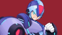 1boy arm_cannon armor blue_armor blue_eyes blue_helmet blurry blurry_foreground forehead_jewel helmet massamu mega_man_(series) mega_man_x_(series) red_background simple_background solo upper_body weapon x_(mega_man)