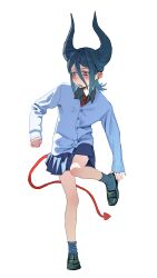 1girl absurdres adjusting_clothes adjusting_shoe aqua_hair black_shirt black_shoes blue_skirt blush cardigan collared_shirt demon_girl demon_tail full_body highres horns loafers mayagain necktie original red_necktie school_uniform serafuku shirt shoes skirt standing standing_on_one_leg tail white_background white_cardigan