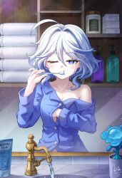 Rule 34 | 1girl, ahoge, bare shoulders, bathroom, blue eyes, blue hair, blush, breasts, brushing teeth, dasoin, furina (genshin impact), genshin impact, highres, medium breasts, mirror, multicolored hair, off-shoulder shirt, off shoulder, pajamas, pov, reflection, scratching, shirt, short hair, solo, teardrop, tears, toothbrush, toothpaste, two-tone hair, white hair