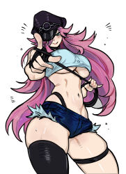 1girl breasts capcom denim denim_shorts final_fight fingerless_gloves gloves green_eyes hair_over_one_eye hat highres large_breasts legs long_hair looking_at_viewer midriff navel pink_hair pink_lips poison_(final_fight) seductive_gaze seductive_smile shorts smile solo street_fighter tank_top thick_thighs thighs thong toned underboob very_long_hair whale_tail_(clothing) whip