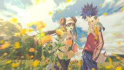 1boy 1girl :d bag blue_eyes blurry bright_pupils brown_hair cloud commentary_request day depth_of_field falling_petals flower gen_5_pokemon highres hugh_(pokemon) jacket kkodle2 long_hair nintendo open_mouth oshawott outdoors pants pantyhose petals pokemon pokemon_bw2 raglan_sleeves rosa_(pokemon) shirt shoes short_hair shorts sky smile snivy socks teeth tongue twintails upper_teeth_only visor_cap white_pupils yellow_flower yellow_shorts