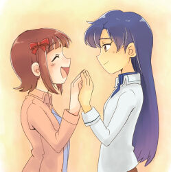 2girls amami_haruka blue_hair bow brown_eyes brown_hair closed_eyes closed_mouth collared_shirt hair_bow hand_up holding_hands idolmaster idolmaster_(classic) idolmaster_1 jacket kisaragi_chihaya long_hair long_sleeves looking_at_another multiple_girls open_clothes open_jacket open_mouth red_bow shirt short_hair smile standing tsubobot upper_body white_shirt