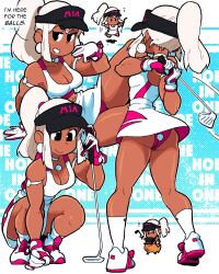 1girl ass biceps black_eyes breasts capybara cleavage dark-skinned_female dark_skin earrings english_text gloves golf golf_club highres jewelry long_hair medium_breasts mia_(scott_malin) multiple_views original panties parted_lips ponytail print_panties scott_malin shirt shoes sidelocks skirt smile socks squatting standing underwear upskirt visor_cap white_footwear white_gloves white_hair white_shirt white_skirt white_socks