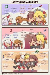 &gt;_&lt; 3koma 4girls admiral_hipper_(azur_lane) anger_vein angry antenna_hair arms_up azur_lane beamed_eighth_notes blonde_hair boots brown_hair cheek_pull comic commentary commentary_request crossover dancing eighth_note english_commentary english_text fingerless_gloves girls&#039;_frontline gloves gun h&amp;k_ump hair_between_eyes hair_ornament hairclip happy hat headgear heckler_&amp;_koch highres historical_name_connection jacket long_hair mole mouth_pull multicolored_hair multiple_girls music musical_note name_connection open_mouth personification prinz_eugen prinz_eugen_(azur_lane) quarter_note red_gloves red_hair ribbon scar scar_across_eye scar_on_face ship silver_hair singing skirt slapping smile spinning streaked_hair submachine_gun sweatdrop twintails two_side_up ump45_(girls&#039;_frontline) ump9_(girls&#039;_frontline) watercraft weapon zeldin