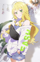 1girl absurdres ahoge blonde_hair breasts cleavage closed_mouth cowboy_shot fingernails green_eyes hand_in_pocket hand_up highres hoshii_miki idolmaster idolmaster_(classic) jacket katsu_(kana) long_hair long_sleeves looking_at_viewer plant shadow shorts single_off_shoulder solo standing tank_top torn_clothes torn_shorts