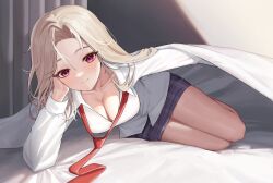 Rule 34 | 1girl, blonde hair, collared shirt, earrings, ein (nikke), goddess of victory: nikke, hair ornament, hairclip, highres, ion 932, jacket, jewelry, long hair, long sleeves, looking at viewer, necktie, red necktie, shirt, skirt, smile, white shirt