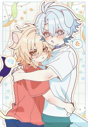 2boys aged_down anger_vein animal_ears antenna_hair black_choker blonde_hair blue_eyes border braid choker dog_boy dog_ears dog_tail facial_tattoo gradient_hair grid_background hair_between_eyes highres honkai:_star_rail honkai_(series) hug lion_boy lion_ears lion_tail male_focus medium_hair multicolored_hair multiple_boys mydei_(honkai:_star_rail) phainon_(honkai:_star_rail) pnemo_18 protecting red_hair red_shirt red_tattoo shirt short_hair short_sleeves side_braid spoken_anger_vein spoken_sweatdrop sweatdrop tail tattoo white_background white_border white_hair white_shirt yellow_eyes