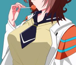 Rule 34 | 1girl, agnes tachyon (umamusume), animal ears, black coat, black necktie, black shirt, breasts, brown hair, candy, coat, collared shirt, food, green background, hand up, highres, holding, holding candy, holding food, holding lollipop, horse ears, horse girl, lab coat, large breasts, lollipop, lollipop in mouth, medium hair, necktie, nekomeharu0608, open clothes, open coat, pen, shirt, short necktie, simple background, solo, sweater, umamusume, yellow sweater