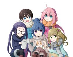 5girls :d :i :t black-framed_eyewear black_gloves black_pantyhose blue_coat blue_hair blunt_bangs blush brown_hair brown_skirt cactus chair chikuwa_(yurucamp) closed_mouth coat crossed_legs cup dog eating fang fingerless_gloves food glasses gloves green_eyes hair_between_eyes hair_bobbles hair_bun hair_ornament head_tilt highres holding holding_cup holding_food inuyama_aoi kagamihara_nadeshiko kuena long_hair long_sleeves looking_at_viewer mug multiple_girls oogaki_chiaki open_mouth orange_scarf pantyhose pink_coat pink_hair purple_coat purple_eyes purple_hair saitou_ena scarf shawl shima_rin short_hair side_ponytail simple_background single_hair_bun sitting skin_fang skirt smile squatting standing teapot thick_eyebrows tongue tongue_out twintails very_long_hair wavy_mouth white_background white_scarf yurucamp