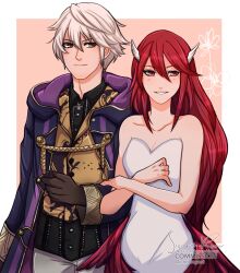 1boy 1girl bare_arms bare_shoulders black_eyes blush breasts brown_gloves cleavage commission cordelia_(fire_emblem) couple dress fire_emblem fire_emblem_awakening gloves grin hair_ornament highres long_hair looking_to_the_side male_robin_(fire_emblem) medium_breasts nintendo red_eyes red_hair sierra117renner sleeveless sleeveless_dress smile vest white_dress white_hair wing_hair_ornament yellow_vest
