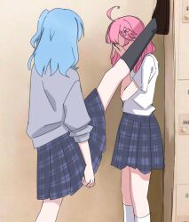 2girls ahoge alternate_costume black_socks blue_hair commentary covering_face feet_out_of_frame foot_kabedon highres hololive hoshimachi_suisei indoors kabedon locker locker_foot_kabedon_(meme) looking_at_another medium_hair meme miniskirt multiple_girls pink_hair sakura_miko school_uniform skirt three-quarter_sleeves socks standing standing_on_one_leg tobitaineko virtual_youtuber yuri