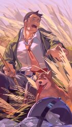 1boy absurdres ace_attorney black_hair collarbone collared_shirt dick_gumshoe dog fish green_jacket grey_pants hand_up highres jacket looking_at_animal male_focus necktie omurice_(304975636) open_mouth orange_necktie pants saliva shirt sitting solo teeth tongue tongue_out white_shirt