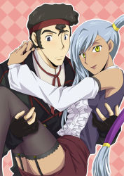 1boy 1girl black_eyes black_hair carrying code_geass couple dark_skin detached_sleeves fingerless_gloves gloves headband long_hair miniskirt ohgi_kaname short_hair silver_hair skirt thighhighs uzura_(suzukane) villetta_nu yellow_eyes