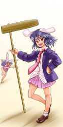Rule 34 | 2girls, animal ears, barefoot, rabbit ears, cosplay, costume switch, female focus, hammer, highres, inaba tewi, inaba tewi (cosplay), multiple girls, note-takahashi, reisen udongein inaba, reisen udongein inaba (cosplay), takahashi note, touhou