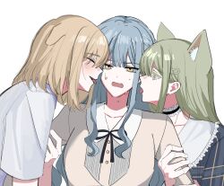 Rule 34 | 3girls, animal ear fluff, animal ears, bang dream!, bang dream! it&#039;s mygo!!!!!, blonde hair, blue hair, blush, cat ears, choker, closed eyes, commentary, dog ears, frilled choker, frills, girl sandwich, grabbing another&#039;s arm, green hair, hair ornament, hairclip, hashtag-only commentary, highres, kemonomimi mode, long sleeves, looking at another, mdjhn, medium hair, multiple girls, open mouth, sandwiched, shirt, short sleeves, simple background, sweat, togawa sakiko, tongue, tongue out, wakaba mutsumi, white background, white shirt, yellow eyes, yuri