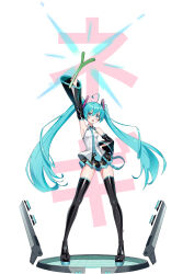1girl absurdres ahoge aqua_eyes aqua_hair aqua_necktie bare_shoulders black_boots black_skirt black_sleeves boots breasts closed_mouth detached_sleeves food full_body grey_shirt hair_ornament hand_up hatsune_miku headset highres holding holding_food holding_spring_onion holding_vegetable long_hair long_sleeves miniskirt necktie pleated_skirt procrastinator39 shirt simple_background skirt sleeveless sleeveless_shirt small_breasts solo spring_onion standing thigh_boots thighhighs translation_request twintails vegetable very_long_hair vocaloid white_background wide_sleeves zettai_ryouiki
