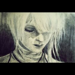 Rule 34 | 1girl, closed eyes, eyelashes, fringe trim, hair over one eye, kaine (nier), lips, nier, nier (series), nose, pencil, portrait, short hair