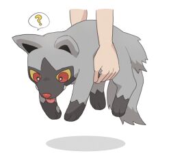 1other ? black_fur colored_sclera fangs gen_3_pokemon grey_fur ikki_(gsl_9708) korean_commentary nintendo picking_up pokemon pokemon_(creature) poochyena red_eyes shadow simple_background speech_bubble spoken_question_mark tongue tongue_out two-tone_fur white_background yellow_sclera