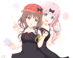 2girls armband behind_another black_bow black_dress blue_eyes blunt_bangs bow brown_eyes brown_hair commentary_request dress fujiwara_chika hair_bow hat hat_bow holding holding_magnifying_glass iino_miko index_finger_raised kaguya-sama_wa_kokurasetai_~tensai-tachi_no_renai_zunousen~ magnifying_glass multiple_girls neck_ribbon newsboy_cap open_mouth pinafore_dress pink_hair red_hat red_ribbon ribbon samenoido school_uniform shuuchiin_academy_school_uniform sleeveless sleeveless_dress smile summer_uniform upper_body white_background yellow_armband