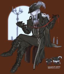Rule 34 | 0niku niku, 1girl, ascot, blood, bloodborne, blue eyes, cape, coat, gem, gloves, hat, hat feather, highres, holding, hunter (bloodborne), lady maria of the astral clocktower, long hair, looking at viewer, ponytail, tricorne, white hair