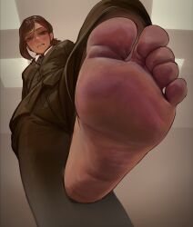 1girl absurdres barefoot black_pants blazer chainsaw_man close-up dirty feet foooolyart foot_focus foreshortening formal_clothes higashiyama_kobeni highres jacket necktie pants ponytail presenting_foot simple_background soles standing standing_on_one_leg suit toenails toes wrinkled_skin