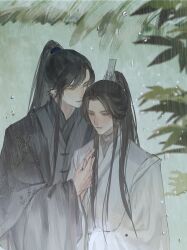 Rule 34 | 2boys, black hair, black hanfu, chinese clothes, chinese commentary, chu wanning, closed eyes, closed mouth, erha he tadebai mao shizun, foliage, half updo, hanfu, high ponytail, highres, holding hands, long hair, long sleeves, looking down, male focus, mo ran, multiple boys, outdoors, plant, ponytail, rain, smile, tianhongqwq, upper body, white hanfu, wide sleeves, xiao guan (headdress), yaoi