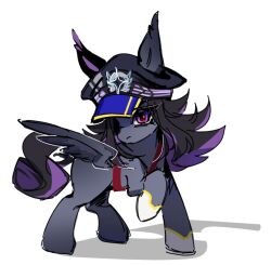 1girl animal_ears animalization black_hair black_hat black_tail commentary ears_through_headwear english_commentary fenomeno_(umamusume) flipped_hair full_body grey_fur hat horse_ears horse_tail horseshoe_hat_ornament horseshoe_ornament my_little_pony my_little_pony:_friendship_is_magic nnnocturnala no_humans peaked_cap pegasus pony_(animal) purple_eyes purple_hair purple_tail recursive_animalization simple_background solo standing_on_three_legs striped_hat tail umamusume white_background wings
