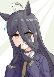 1girl ahoge animal_ears black_choker black_coat black_gloves black_shirt choker closed_mouth coat collared_shirt ear_tag earrings fly_dose gloves hair_between_eyes highres horse_ears horse_girl jewelry long_hair long_hair_between_eyes manhattan_cafe_(umamusume) multicolored_hair open_clothes open_coat own_hands_together shirt single_earring smile solo umamusume very_long_hair white_hair yellow_eyes