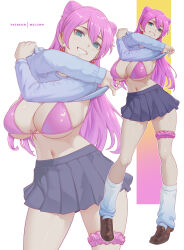 1girl absurdres artist_name bikini black_skirt blush breasts brown_shoes clothes_lift commentary commission cone_hair_bun crossed_arms curvy double_bun earrings english_commentary fuufu_ijou_koibito_miman. green_eyes grin hair_bun heart heart_earrings heart_print highres huge_breasts jewelry lifting_own_clothes loafers long_hair long_sleeves looking_at_viewer melowh navel patreon_username pink_bikini pink_hair pink_scrunchie school_uniform scrunchie shirt shirt_lift shoes skirt smile socks stomach swimsuit thick_thighs thigh_scrunchie thighs watanabe_akari white_background white_shirt white_socks