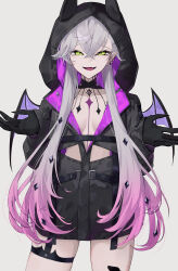 1girl absurdres black_hands black_jacket body_markings breasts choker cleavage colored_extremities crossed_bangs demon_girl demon_horns demon_wings ear_piercing fate/grand_order fate_(series) green_eyes grey_hair hair_between_eyes highres hood horns izanaware_game jacket lilith_(fate) lilith_(first_ascension)_(fate) long_hair long_sleeves looking_at_viewer low_twintails medium_breasts open_mouth piercing smile solo thigh_strap thighs twintails wings