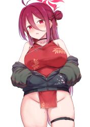 1girl ahoge bare_shoulders blue_archive blush breasts cai_geng china_dress chinese_clothes choker collarbone dress grey_jacket hair_between_eyes hair_bun halo hands_in_pockets highres jacket large_breasts long_hair long_sleeves looking_at_viewer mole mole_on_thigh mole_under_eye off_shoulder open_clothes open_jacket open_mouth pelvic_curtain red_dress red_eyes red_hair reijo_(blue_archive) short_dress side_slit single_hair_bun single_side_bun solo thigh_strap thighs