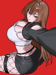 1girl absurdres ass belt black_shorts black_sweater breasts brown_hair buckle crop_top curvy fishnet_pantyhose fishnets from_above heart heart-shaped_buckle highres large_breasts long_hair pantyhose red_background red_eyes selfie shorts sideboob sweater thick_thighs thigh_belt thigh_strap thighs zeon_(zzeeonn)
