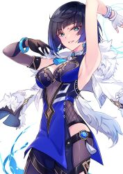 1girl aqua_eyes arm_behind_head arm_up armpits asymmetrical_gloves black_gloves blue_hair bracelet breasts cleavage elbow_gloves fur-trimmed_jacket fur_trim genshin_impact gloves hand_up jacket jacket_on_shoulders jewelry kobayashi_chisato looking_at_viewer mismatched_gloves parted_lips presenting_armpit short_hair sideboob simple_background smile solo uneven_gloves vision_(genshin_impact) white_background white_gloves white_jacket yelan_(genshin_impact)