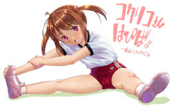 1girl alternate_costume ankle_socks brown_eyes brown_hair buruma cameltoe coquelicot_(sakura_taisen) exercising fang full_body gym_shirt gym_uniform hair_bobbles hair_ornament long_hair open_mouth pink_shoes print_clothes print_socks red_buruma sakura_taisen sakura_taisen_iii shirt shoes simple_background sitting smile sneakers socks solo stretching t-shirt takase_yuu two_side_up white_background white_shirt white_shoes white_socks